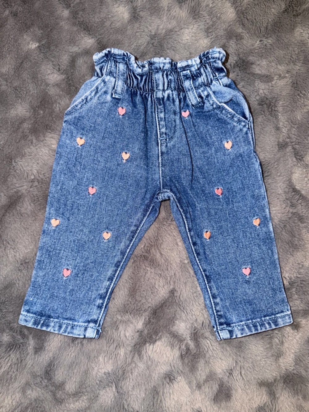 Primark Blue Denim Pants with Pink Heart Embroidery